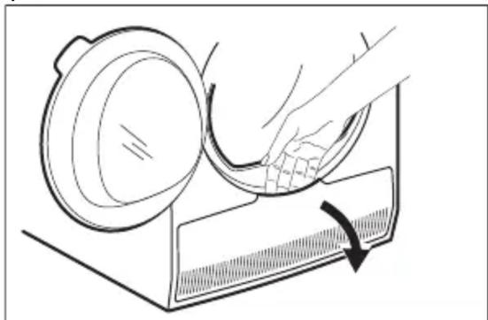Line drawing of a hand using a tool to clean or store items.