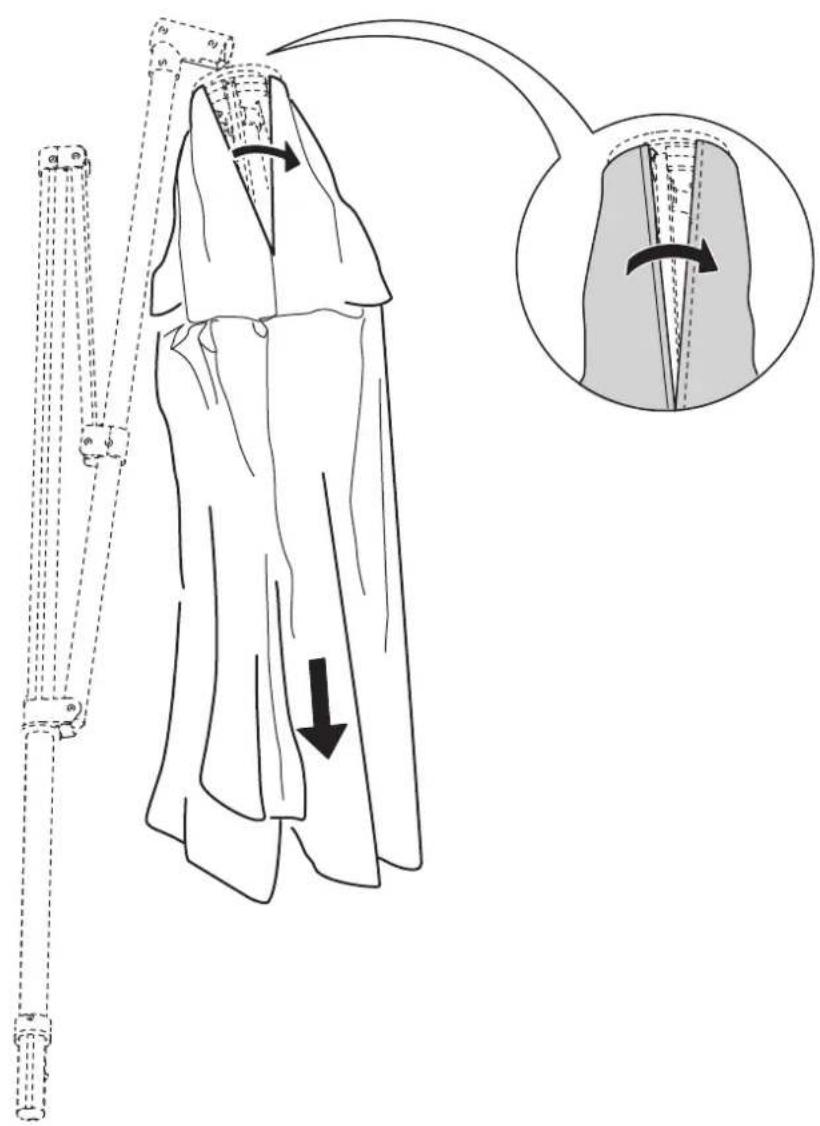 Schéma illustrant la technique de pliage d'un vêtement avec des pièces étiquetées et des flèches directionnelles indiquant le mouvement.