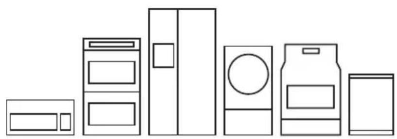 Line drawing of various household appliances including washing machine, refrigerator, and Television (no text or symbols)