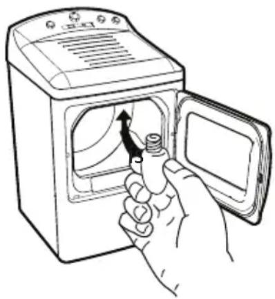 Line drawing of a hand opening a washing machine with a valve, showing the door and handle (no text or symbols)