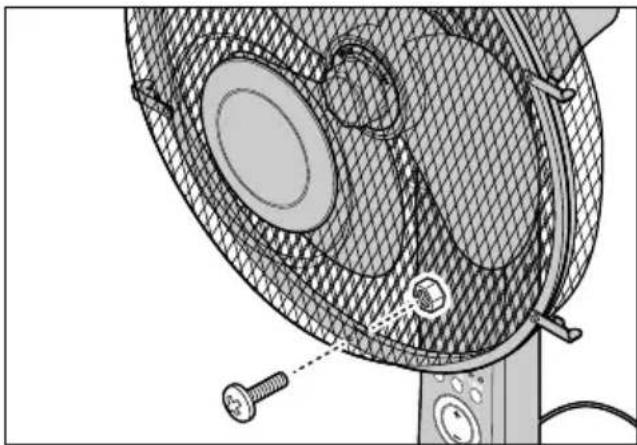 Technical diagram of a fan or fan assembly with mesh pattern and screw fasteners (no text or labels)