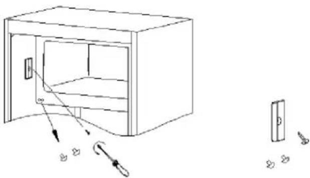 Line drawing of a cabinet with an open door and a hanging handle, alongside a separate view showing a door and scattered items (no text or symbols)