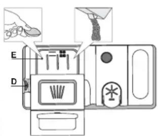Diagram of a device with labeled parts and annotations, including hand gesture and cleaning steps