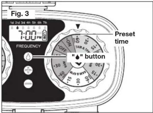 Fig. 3 1st 2nd 3rd 4th 5th 6th 7th 7:00 AM PM FREQUENCY ON OFF 7AM & 7PM S1. 30 30 60 15 30 & 60 S1. 60 Preset time "▲" button