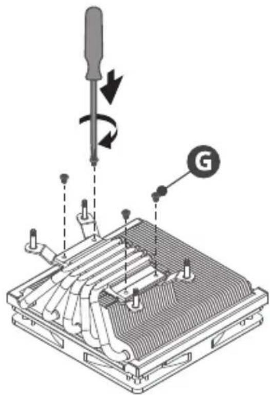 Diagram showing screwdriver working on a heat sink with labeled component G