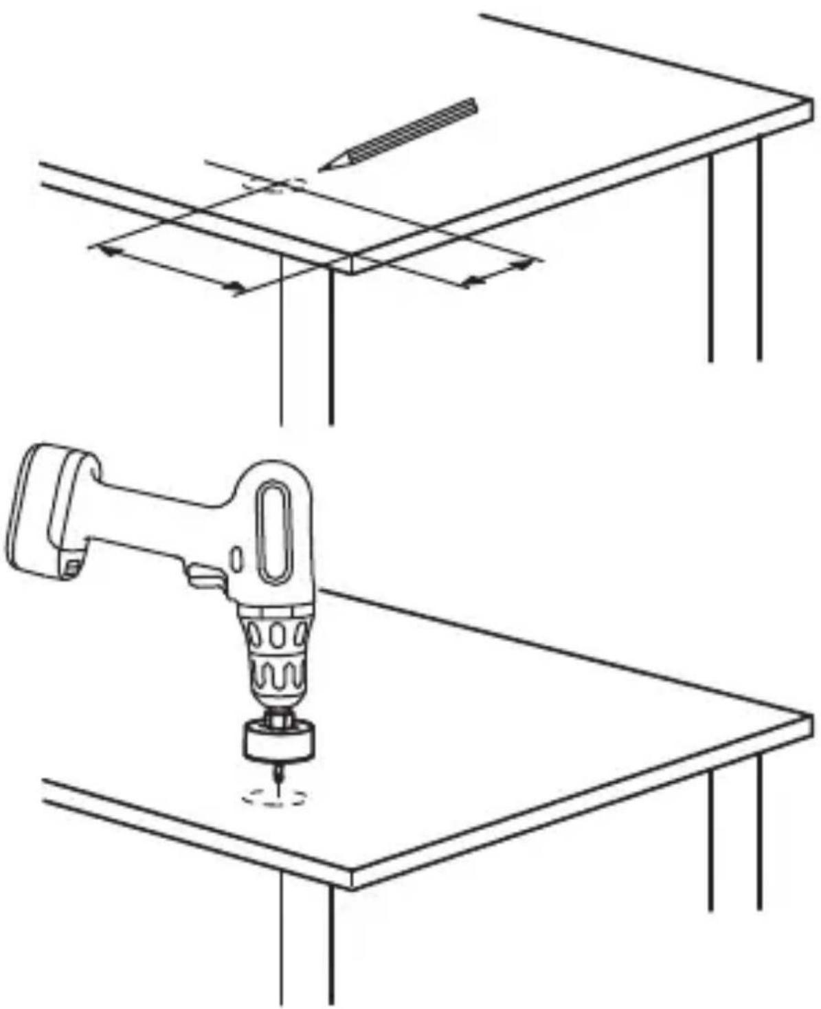 Dessin technique montrant un bras robotique opérant sur une table avec un crayon inséré, sans texte ni symboles