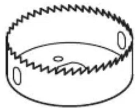 Dessin au trait simple d'une lame de scie circulaire avec des bords en zigzag et deux trous ovales (sans texte ni symboles)