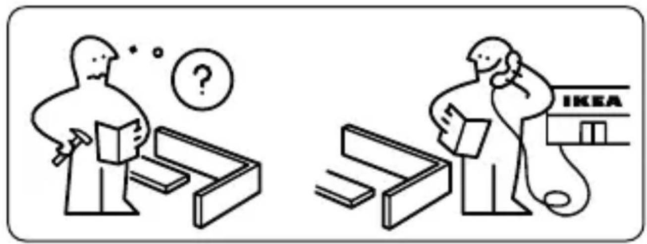 Illustration montrant deux personnes examinant un ordinateur portable avec un point d'interrogation, l'une tenant un livre et l'autre examinant un appareil étiqueté « IKEA »