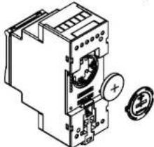 Technical diagram of an electrical switchgear with labeled components and a magnified view showing a positive terminal.