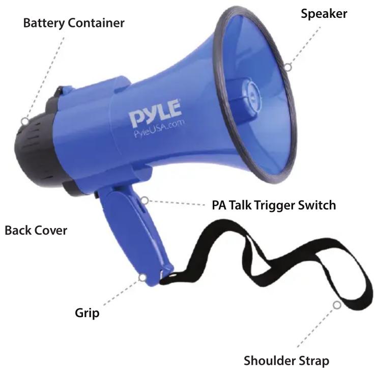 Battery Container Speaker PYLE® PyleUSA.com Back Cover PA Talk Trigger Switch Grip Shoulder Strap
