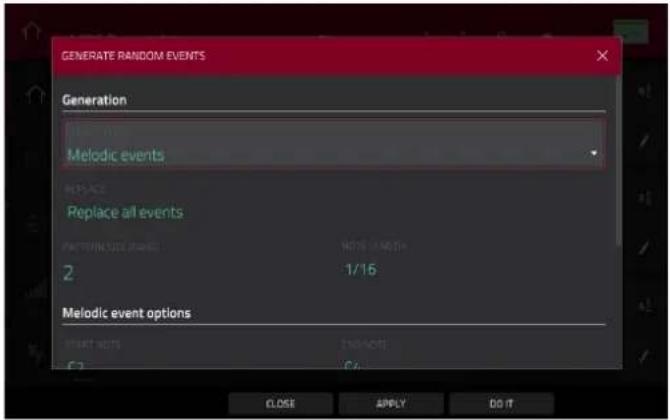 GENERATE RANDOM EVENTS Generation Melodic events Replace Replace all events 2 1/16 Melodic event options START NOTES END NOTES CLOSE APPLY DO IT