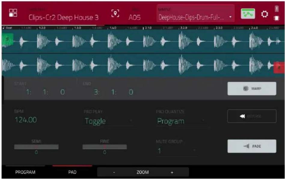 Clips-Cr2 Deep House 3 A05 SAMPLE DeepHouse-Clips-Drum-Full-... Start 1: 1: 0 END 3: 1: 0 WARP BPM 124.00 PAD PLAY Toggle PAD QUANTIZE Program SEMI FINE MUTE GROUP 1 FADE PROGRAM PAD ZOOM