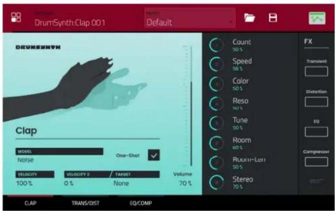 DrumSynth:Clap 001 Default DRUMSETH Count 50 % Speed 56 % Color 50 % Reso 50 % Tune 50 % Room 60 % Ruu11+Lust 50 % Stereo 70 % ClAP TRANS/DIST EQ/COMP Clap MODEL Noise One-Shot VELOCITY 100% VELOCITY 2 0 % TARGET None Volume 70 % FX Transient Distortion SQ Compressor