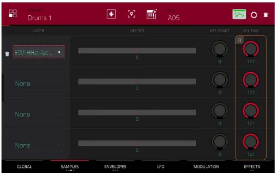 Drums 1 A05 LAYER OFFSET VEL START VEL END EDM-HiHat-Ajac... None None None GLOBAL SAMPLES ENVELOPES LFO MODULATION EFFECTS
