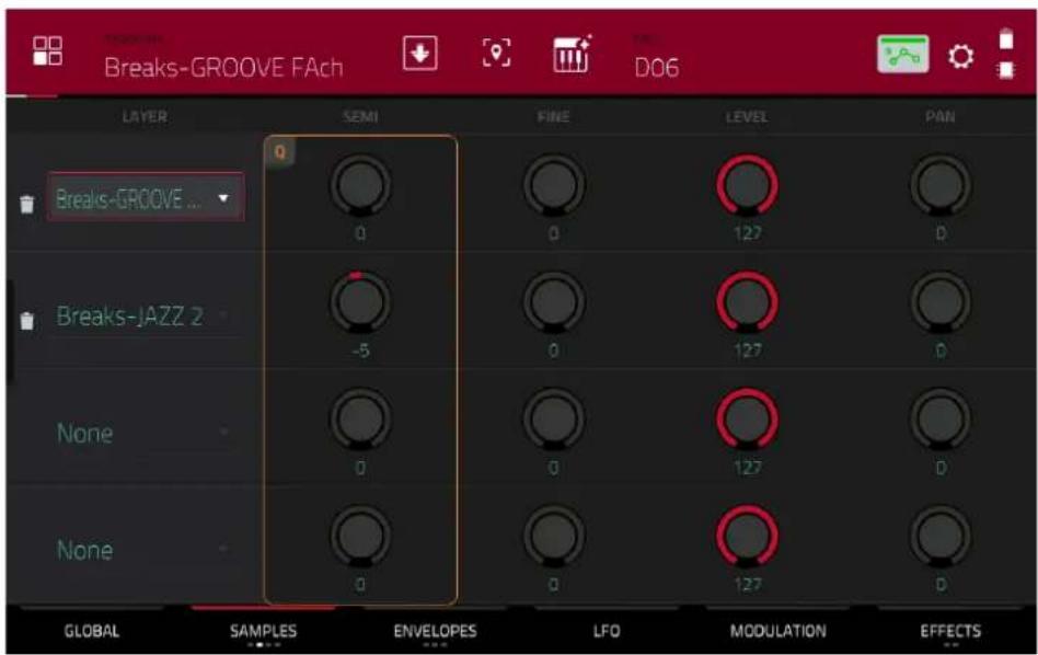 Breaks-GROOVE FACH D06 LAYER SEMI FINE LEVEL PAN Breaks-GROOVE ... 0 0 127 0 Breaks-JAZZ 2 -5 0 127 0 None 0 0 127 0 None 0 0 127 0 GLOBAL SAMPLES ENVELOPES LFO MODULATION EFFECTS