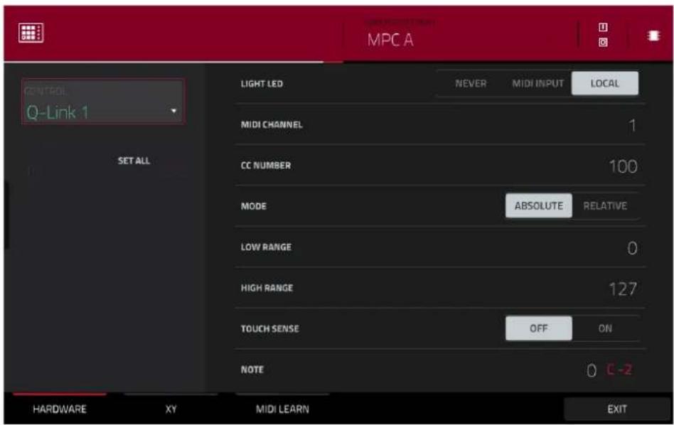 MPC A CONTROL Q-Link 1 SET ALL LIGHT LED NEVER MIDI INPUT LOCAL MIDI CHANNEL 1 CC NUMBER 100 MODE ABSOLUTE RELATIVE LOW RANGE 0 HIGH RANGE 127 TOUCH SENSE OFF ON NOTE 0 C-2 HARDWARE XY MIDI LEARN EXIT