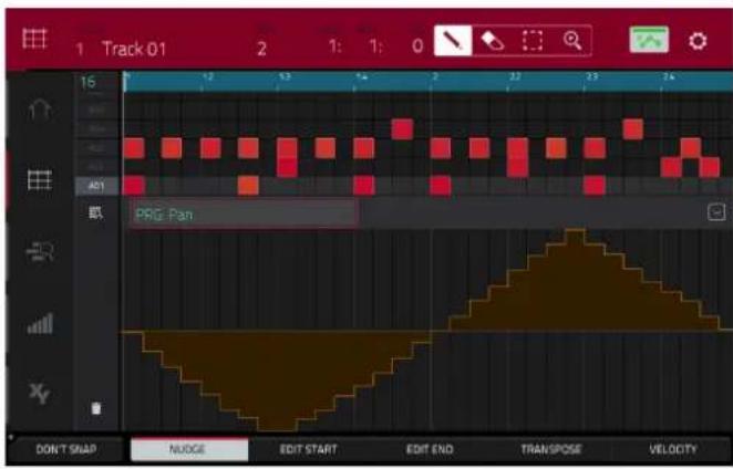 Track 01 2 1: 1: 0 401 PRG-Pan DON'T SNAP NUDGE EDIT START EDIT END TRANSPOSE VELOCITY