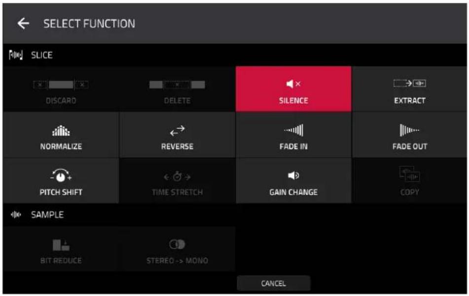 SELECT FUNCTION SLICE DISCARD DELETE SILENCE EXTRACT NORMALIZE REVERSE FADE IN FADE OUT PITCH SHIFT TIME STRETCH GAIN CHANGE COPY SAMPLE BIT REDUCE STEREO -> MONO CANCEL
