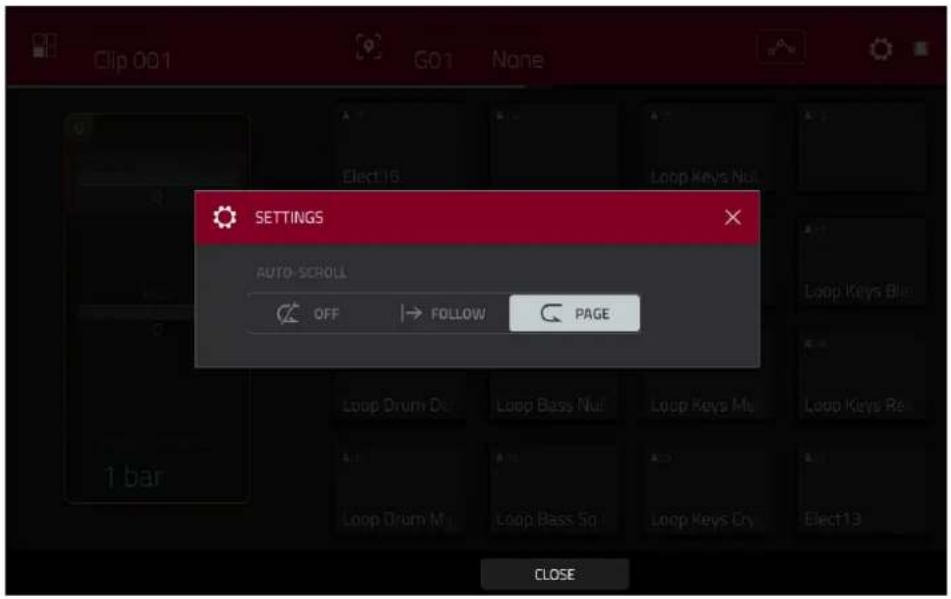 Clip 001 G01 None A Elect15 B Loop Keys Null SETTINGS AUTO-SCROLL OFF → FOLLOW PAGE Loop Keys Blue Loop Keys Red Loop Drum Def Loop Bass Null Loop Keys Mu Loop Keys Re Loop Drum Mu Loop Bass Sq. Loop Keys Cry Elect13 1 bar CLOSE