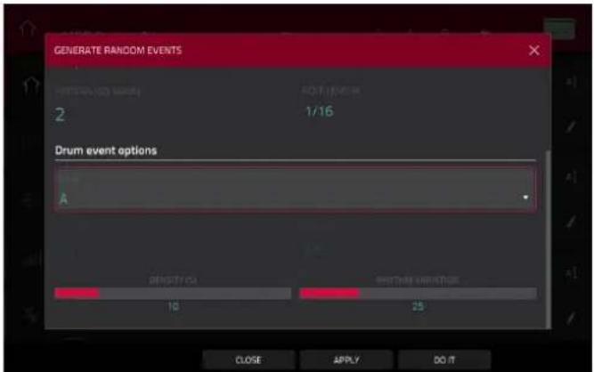 GENERATE RANDOM EVENTS RETURN ON WORK 2 1/16 Drum event options A DENSITY 0 10 RUSTRIE VARIATION 25 CLOSE APPLY DO IT