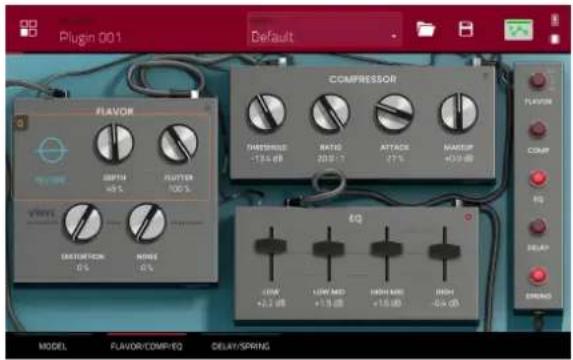 Plugin 001 Default FLAVOR DEPTH +5% FUTTER 100% VINYL ORIENTATION 0% NOME 0% COMPRESSOR THRESHNESS -13.4 dB RATIO 20.9 -7 ATTAGE 27% MAKEUP +3.2 dB EQ LOW +3.2 dB LOW MD +1.9 dB HIGH MD +16.0 dB HIGH -6.4 dB FLAVOR COMP REQ DELAY SPRINGS MODEL FLAVOR/COMP/EQ DELAY/SPIRING