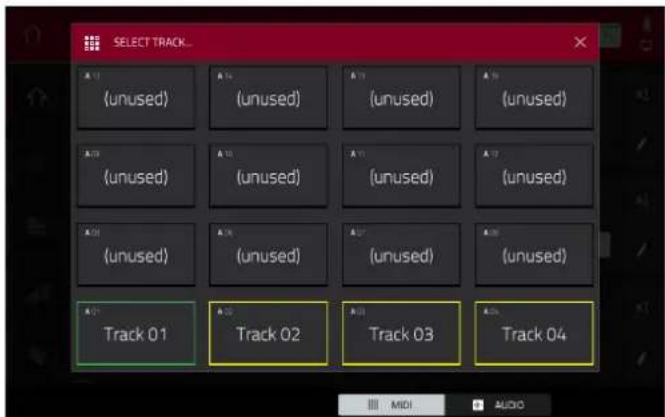 SELECT TRACK_* (unused) (unused) (unused) (unused) (unused) (unused) (unused) (unused) (unused) (unused) (unused) (unused) (unused) (unused) (unused) (unused) (unused) (unused) (unused) (unused) (A1) Track 01 A2 Track 02 A3 Track 03 A4 Track 04 MIDI AUDIO