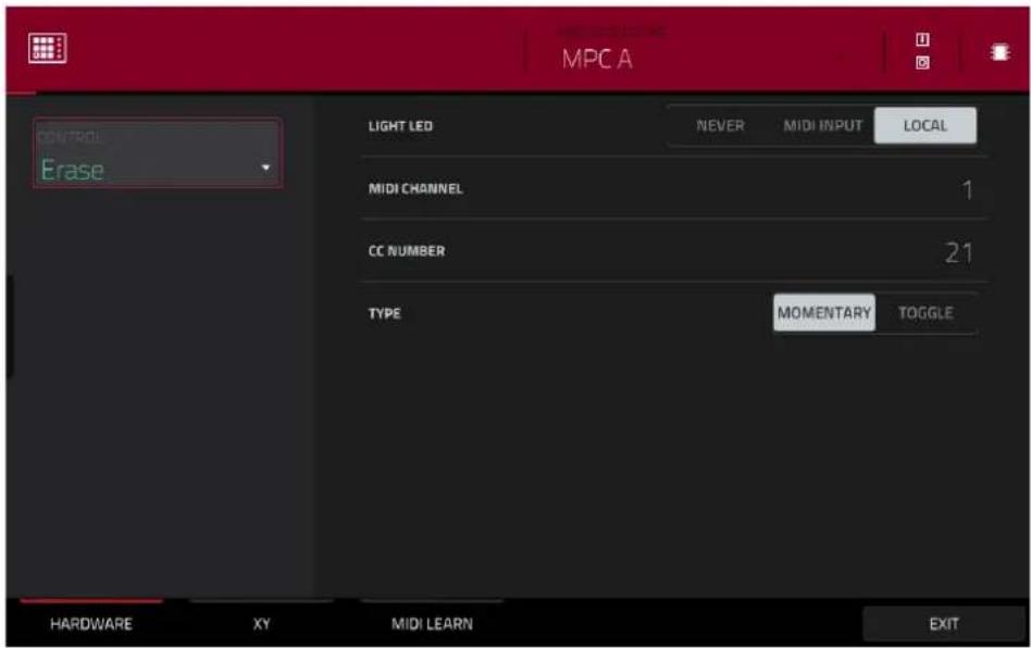 MPC A CONTROL Erase LIGHT LED NEVER MIDI INPUT LOCAL MIDI CHANNEL 1 CC NUMBER 21 TYPE MOMENTARY TOGGLE HARDWARE XY MIDI LEARN EXIT