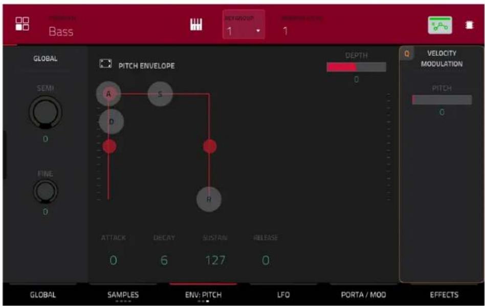 Bass NEIGHROUP 1 1 GLOBAL SEM1 D FINE 0 PITCH ENVELOPE DEPTH 0 VELOCITY MODULATION PITCH 0 ATTACK DECAY SUSTAIN RELEASE 0 6 127 0 GLOBAL SAMPLES ENV: PITCH LFO PORTA / MOD EFFECTS
