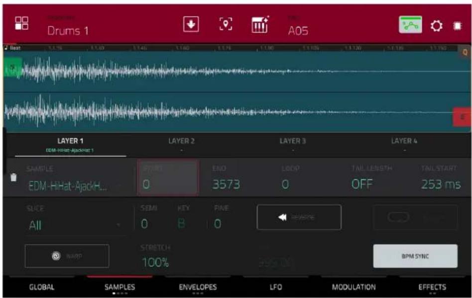 Drums 1 A05 Best 1.1.16 1.1.20 1.1.45 1.1.60 1.1.75 1.1.90 1.1.105 1.1.130 1.1.135 1.1.140 LAYER 1 EDM-HiHat-AjackHat 1 SAMPLE EDM-HiHat-AjackHat... START 0 END 3573 LOOP 0 TAIL LENGTH OFF TAIL START 253 ms SLICE All SEM 0 KEY B PINE 0 BPM SYNC STRETCH 100% GLOBAL SAMPLES ENVELOPES LFO MODULATION EFFECTS