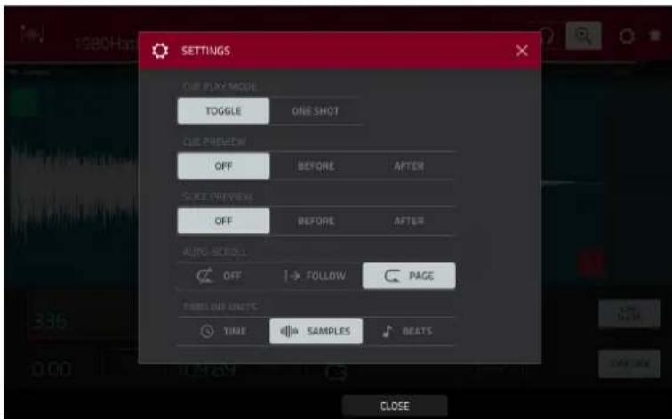 SETTINGS CUBE PLAY MODE TOGGLE ONE SHOT CUBE PREVIEW OFF BEFORE AFTER SLEE PREVIEW OFF BEFORE AFTER AUTO SCREEN OFF FOLLOW PAGE FIRLLING UNITS TIME SAMPLES BEATS CLOSE