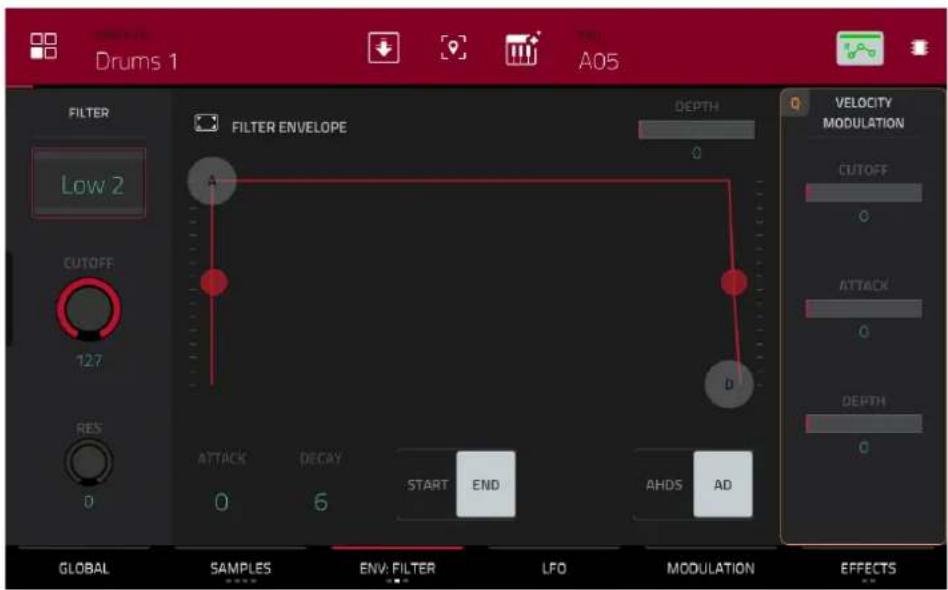 Drums 1 A05 FILTER Low 2 CUTOFF 127 RES 0 FILTER ENVELOPE DEPTH 0 VELOCITY MODULATION CUTOFF 0 ATTACK 0 DEPTH 0 ATTACK 0 DEPTH 0 GLOBAL SAMPLES ENV: FILTER LFO MODULATION EFFECTS