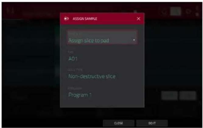 ASSIGN SAMPLE Assign slice to pad PAD A01 Non-destructive slice Program 1 CLOSE DO IT
