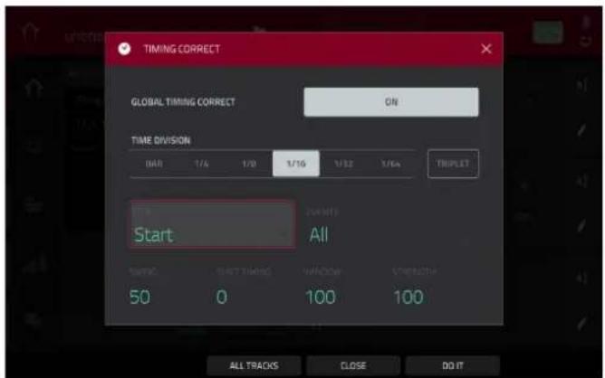 TIMING CORRECT GLOBAL TIMING CORRECT ON TIME DIVISION 048 1/4 1/0 1/16 1/32 1/64 THUPLET Start All 50 0 100 100 ALL TRACKS CLOSE DO IT