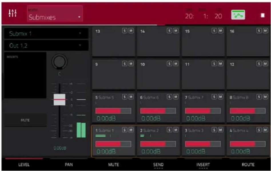 Submixes 20: 1: 20 Submix 1 Out 1,2 INSERTS MUTE 0.00dB LEVEL PAN MUTE SEND INSERT ROUTE 13 S M 14 S M 15 S M 16 S M 9 S M 10 S M 11 S M 12 S M 5 Submix 5 S M 6 Submix 6 S M 7 Submix 7 S M 8 Submix 8 S M 0.00dB 0.00dB 0.00dB 0.00dB 1 Submix 1 S M 2 Submix 2 S M 3 Submix 3 S M 4 Submix 4 S M 0.00dB 0.00dB 0.00dB 0.00dB