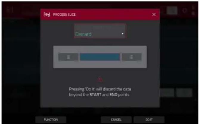 PROCESS SLICE Discard Pressing 'Do It' will discard the data beyond the START and END points FUNCTION CANCEL DO IT