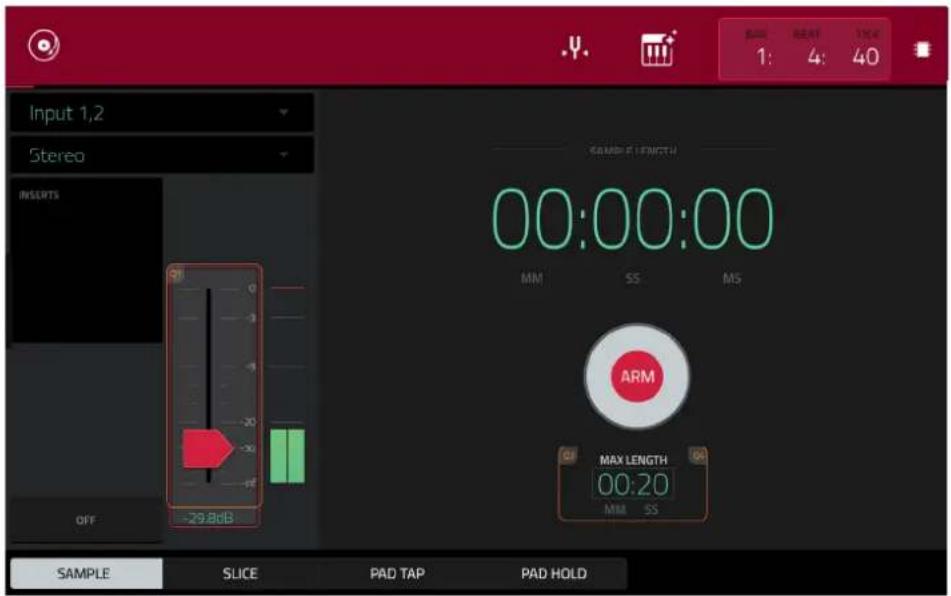 Input 1,2 Stereo INSERTS OFF =29.8dB SAMPLE LENGTH 00:00:00 MM SS MS ARM MAX LENGTH 00:20 MM SS SAMPLE SLICE PAD TAP PAD HOLD 1: 4: 40