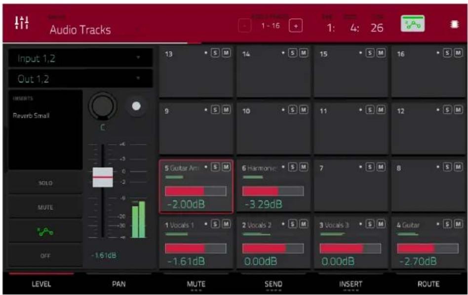 Audio Tracks Input 1,2 Out 1,2 INSERTS Reverb Small SOLO MUTE OFF -1.61dB LEVEL PAN MUTE SEND INSERT ROUTE 13 S M 14 S M 15 S M 16 S M 9 S M 10 S M 11 S M 12 S M 5 Guitar Am S M -2.00dB 6 Harmonie S M -3.29dB 7 S M 8 S M 1 Vocals 1 S M 2 Vocals 2 S M 0.00dB 3 Vocals 3 S M 4 Guitar S M 0.00dB -2.70dB