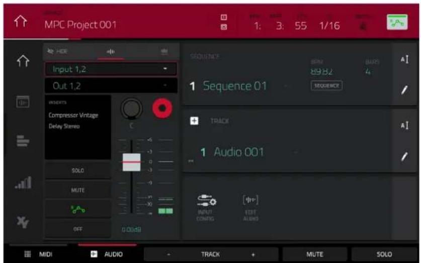 MPC Project 001 Input 1,2 Out 1,2 INSERTS Compressor Vintage Delay Stereo SOLO MUTE OFF 0.00dB SEQUENCE 8982 BARS 4 Sequence 01 SEQUENCE TRACK Audio 001 INPUT CONFIG [HP+] EHT ALIBOS MIDI AUDIO TRACK MUTE SOLO