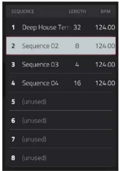SEQUENCE LENGTH BPM 1 Deep House Term 32 124.00 2 Sequence 02 8 124.00 3 Sequence 03 4 124.00 4 Sequence 04 16 124.00 5 (unused) 6 (unused) 7 (unused) 8 (unused)