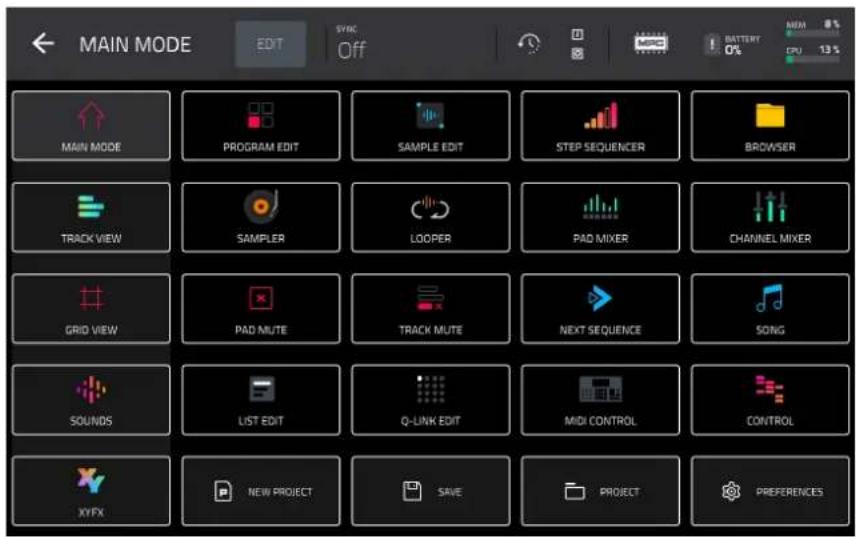 MAIN MODE EDIT SVOC Off BATTERY 0% MIN 8% CPU 13% MAIN MODE PROGRAM EDIT SAMPLE EDIT STEP SEQUENCER BROWSER TRACK VIEW SAMPLER LOOPER PAD MIXER CHANNEL MIXER GRID VIEW PAD MUTE TRACK MUTE NEXT SEQUENCE SONG SOUNDS LIST EDIT Q-UNK EDIT MIDI CONTROL CONTROL XYFX NEW PROJECT SAVE PROJECT PREFERENCES