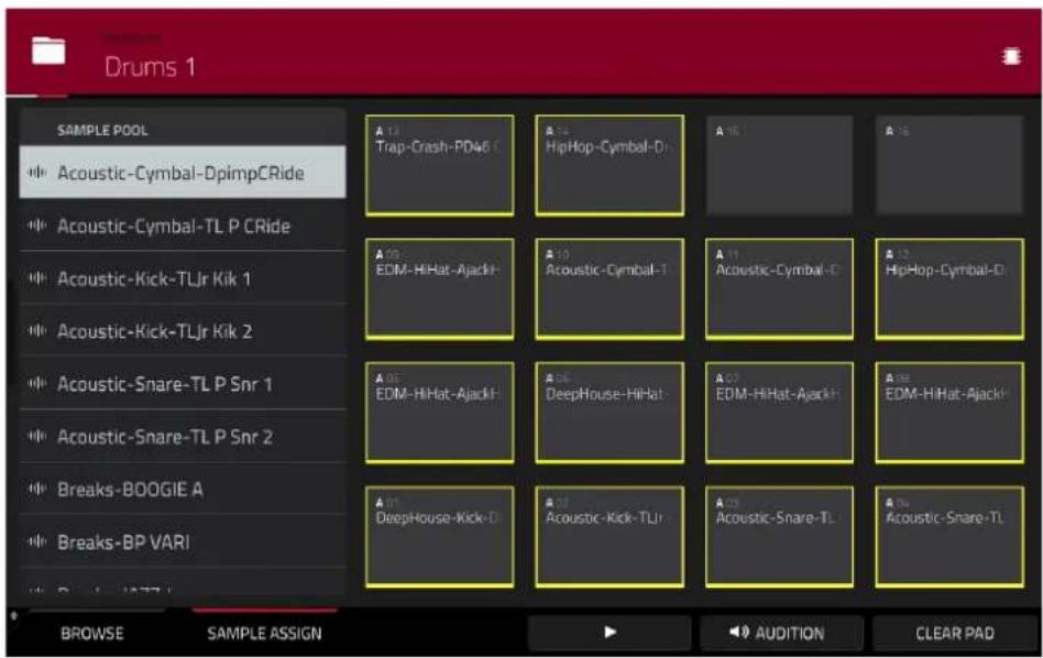 Drums 1 SAMPLE POOL Acoustic-Cymbal-DpimpCRide Acoustic-Cymbal-TL P CRide Acoustic-Kick-TLJr Kik 1 Acoustic-Kick-TLJr Kik 2 Acoustic-Snare-TL P Snr 1 Acoustic-Snare-TL P Snr 2 Breaks-BOOGIE A Breaks-BP VARI A 13 Trap-Crash-PD46 C A 14 HipHop-Cymbal-D A 15 A 16 A 09 EDM-HiHat-Ajack- A 10 Acoustic-Cymbal-T A 11 Acoustic-Cymbal-D A 12 HipHop-Cymbal-D A 05 EDM-HiHat-Ajack- A 06 DeepHouse-HiHat- A 07 EDM-HiHat-Ajack- A 08 EDM-HiHat-Ajack- A 09 DeepHouse-Kick-D A 10 Acoustic-Kick-TLJr A 11 Acoustic-Snare-TL A 12 Acoustic-Snare-TL BROWSE SAMPLE ASSIGN ▶ AUDITION CLEAR PAD