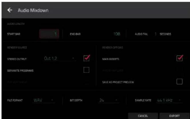 Audio Mixdown AUDIO LENGTH START BAR 1 END BAR 10B AUDIO TAIL 1 SECONDS RENDER SOURCE STEREO OUTPUT Out 1.2 SEPARATE PROGRAMS FILE FORMAT WAVA BIT DEPTH 24 SAMPLE RATE 44.1 kHz CANCEL EXPORT
