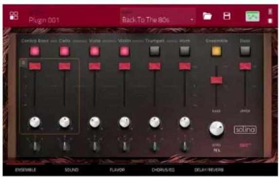 Plugin 001 Back To The 80s Control Band — Cells — Viola — Violin — Trumpet — Horn Ensemble — Vialo solling 2500 75% ENSEMBLE SOLID FLAVOR CHORUS/EO DELAY/REVERB