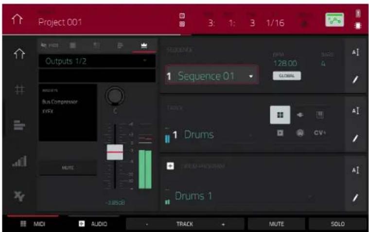 Project 001 3: 1: 3 1/16 Outputs 1/2 Bus Compressor TYPE MUTE Sequence 01 128.00 GLOBAL Track 1 Drums TRAVEL PROCESSED Drums 1 MIDI AUDIO TRACK MUTE SOLO