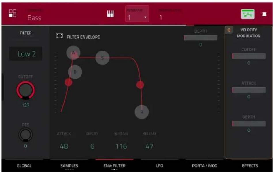 Bass REF:GROUP 1 1 FILTER LOW 2 CUTOFF 127 RES 0 FILTER ENVELOPE DEPTH 0 VELOCITY MODULATION CUTOFF 0 ATTACK 0 DEPTH 0 ATTACK 0 DEPTH 0 GLOBAL SAMPLES ENV: FILTER LFO PORTA / MOD EFFECTS