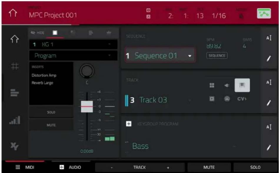 MPC Project 001 2: 1: 13 1/16 1 KG 1 Program INSERTS Distortion Amp Reverb Large SOLO MUTE 0.00dB SEQUENCE BPM 89.82 4 Sequence 01 SEQUENCE 1 TRACK 3 Track 03 CV+ KEYGROUP PROGRAM Bass A1 A1 A1 MIDI AUDIO TRACK MUTE SOLO