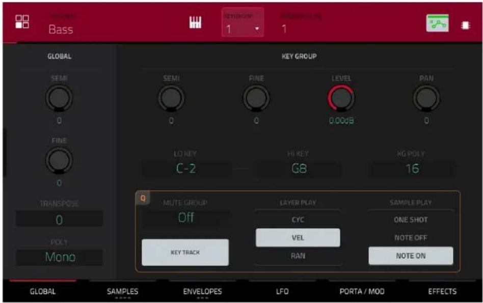 Bass 1 1 GLOBAL SEMI 0 FINE 0 TRANSPOSE 0 POLY Mono KEY GROUP SEMI 0 FINE 0 LEVEL 0.00dB PAN LO KEY C-2 HI KEY G8 XG POLY 16 MUTE GROUP Off KEY TRACK LAYER PLAY CYC VEL RAN SAMPLE PLAY ONE SHOT NOTE OFF NOTE ON GLOBAL SAMPLES ENVELOPES LFD PORTA / MOD EFFECTS