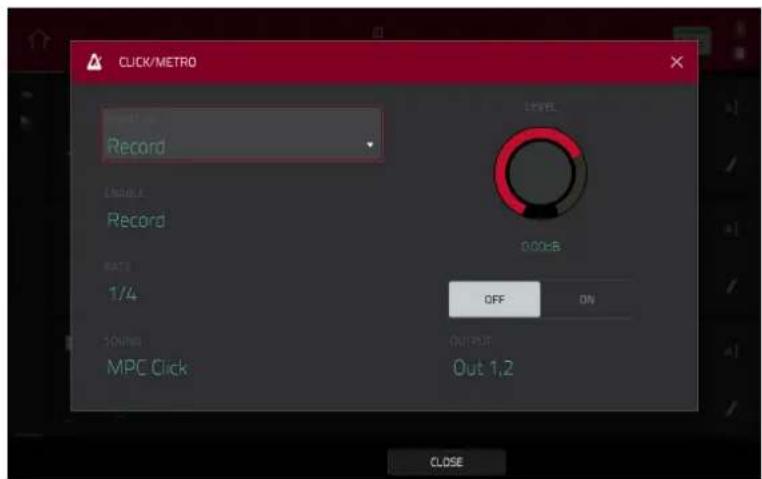 CLICK/METRO Record ENABLE Record RATE 1/4 SOUND MPC Click 0.00KB OFF ON OUTPUT Out 1,2 CLOSE