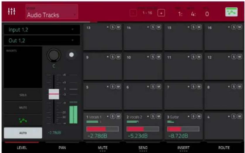 Audio Tracks Input 1,2 Out 1,2 INSERTS C SOLD MUTE AUTO -2.78dB LEVEL PAN MUTE SEND INSERT ROUTE 13 S M 14 S M 15 S M 16 S M 9 S M 10 S M 11 S M 12 S M 5 S M 6 S M 7 S M 8 S M 1 Vocals 1 - 2.78dB 2 Vocals 2 - 5.23dB 3 Guitar - 8.72dB