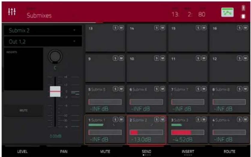 Submixes 13: 2: 80 Submix 2 Out 1,2 INSERTS C 9 S M 10 S M 11 S M 12 S M 5 Submix 5 S M 6 Submix 6 S M 7 Submix 7 S M 8 Submix 8 S M -INF dB -INF dB -INF dB -INF dB 1 Submix 1 S M 2 Submix 2 S M 3 Submix 3 S M 4 Submix 4 S M -INF dB -13.0dB -4.52dB -INF dB LEVEL PAN MUTE SEND INSERT ROUTE